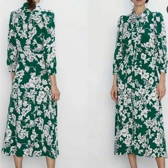 Zara | Dresses | Zara Green Floral Shirt Dress Rare | Poshmark
